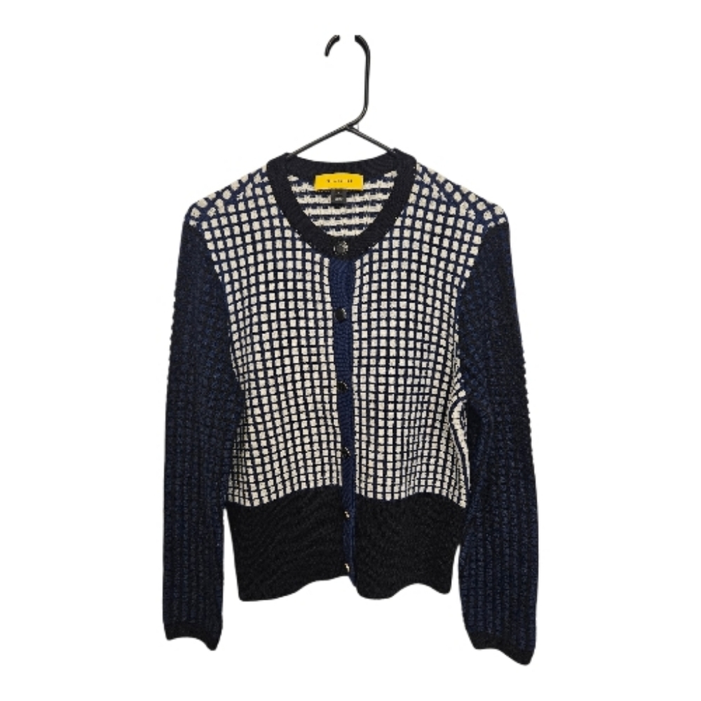 ST. JOHN Size Medium Wool Blend Color Block Button Up Luxury Cardigan Sweater